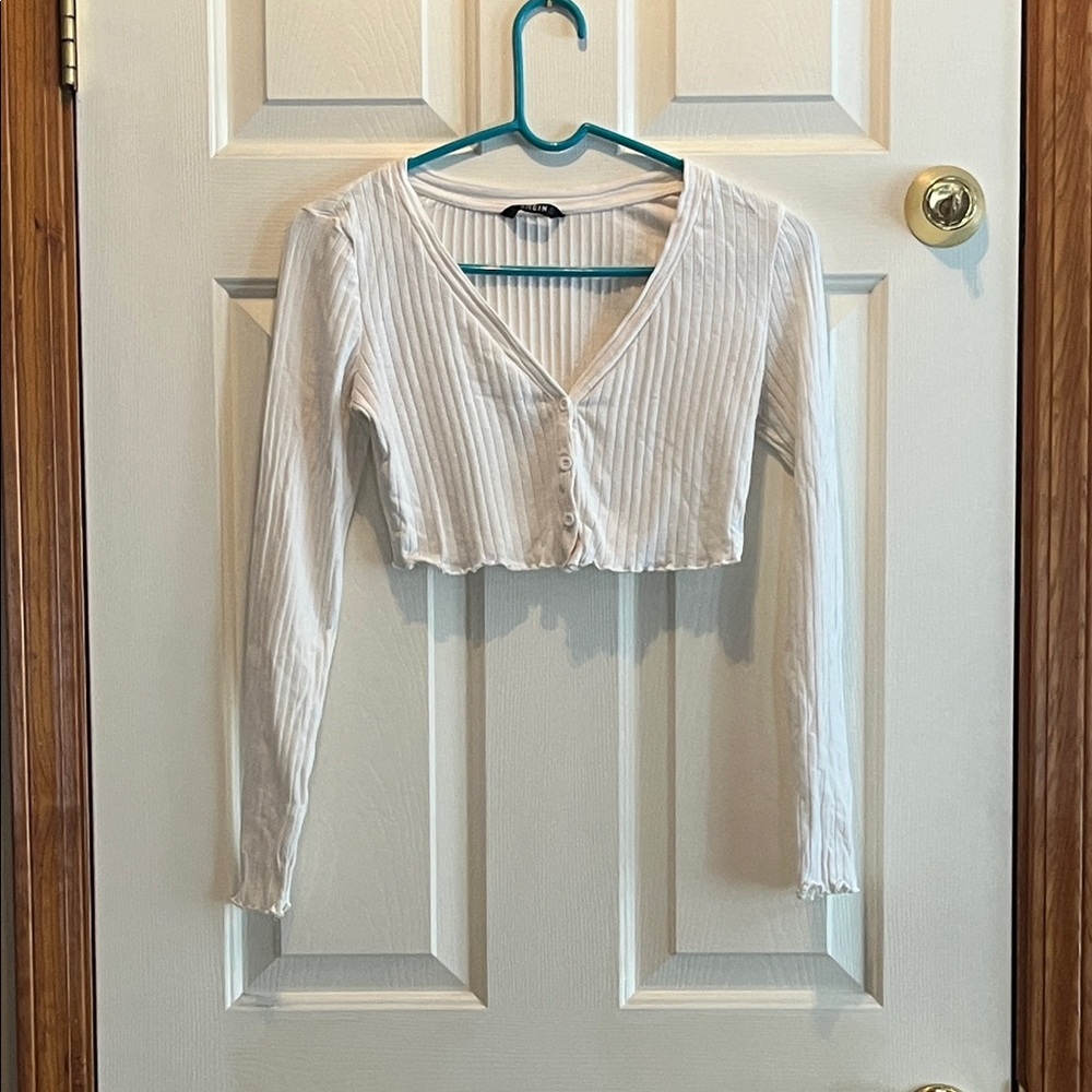 SHEIN White Ribbed Long-Sleeve Cropped Button Top